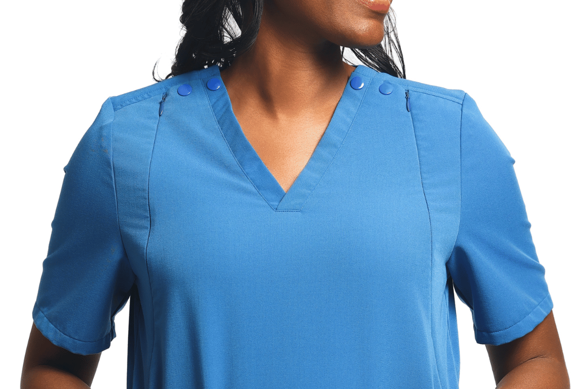 Royal blue Mommy Scrubs scrub top, close up