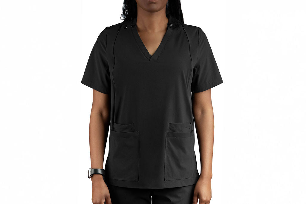 Mommy Scrubs scrub top, front view, panels closed and looking like a standard scrub top