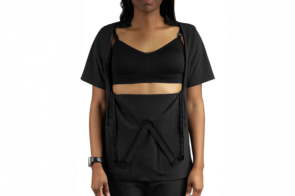 Mommy Scrubs scrub top with both side panels open for pumping