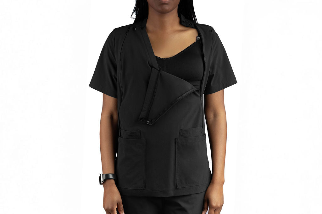 Mommy Scrubs scrub top, front view with the nursing panel open