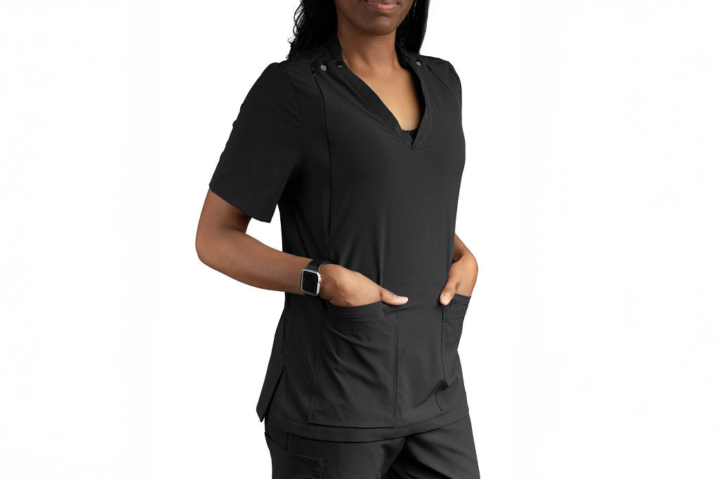 Side view of the scrub top showing the hidden zipper